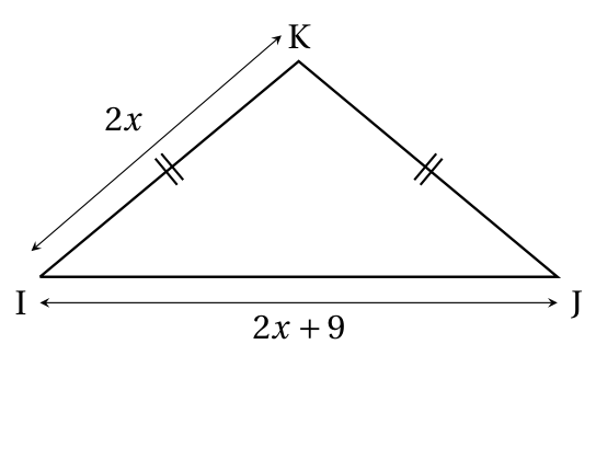 Triangle IJK isocèle en K avec IK = KJ = 2x et IJ = 2x + 9