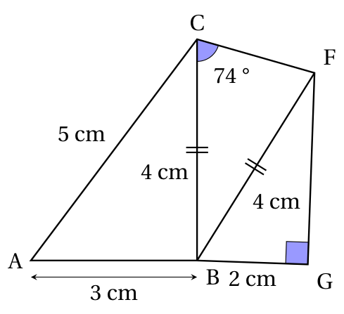 Figure formée du triangle ABC avec AB = 3 cm, BC = 4 cm et AC = 5 cm, du triangle CBF avec CB = BF = 4 cm (codage de longueurs égales) et un angle de 74° en C, et du triangle BGF rectangle en G avec BG = 2 cm