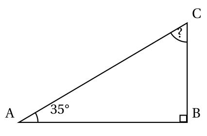 Triangle ABC rectangle en B, l'angle en A mesure 35 degrés et l'angle en C est marqué d'un point d'interrogation