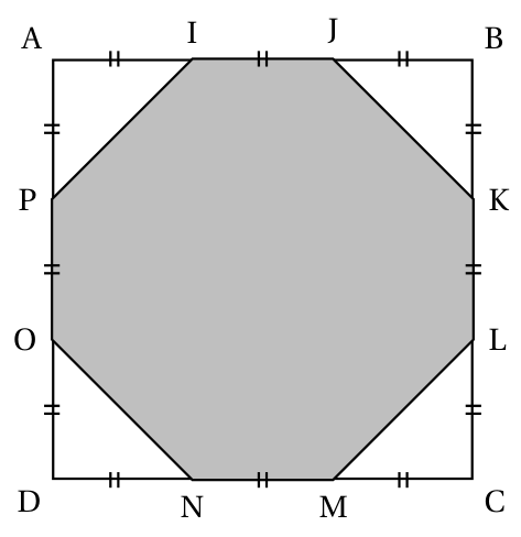 Carré ABCD dont chaque côté est partagé en trois segments de même longueur par les points I, J, K, L, M, N, O, P ; l'octogone IJKLMNOP obtenu en coupant les quatre coins est grisé