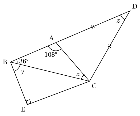 Figure : points B, A, D alignés ; triangle ABC avec l'angle BAC de 108° et l'angle ABC de 36°, l'angle ACB noté x ; triangle BEC rectangle en E, l'angle CBE noté y ; triangle ACD avec DA = DC codés égaux et l'angle ADC noté z