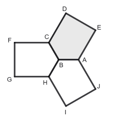 Rosace de trois pentagones ayant le sommet B en commun : le pentagone grisé ABCDE, le pentagone BCFGH à gauche et le pentagone BAJIH en bas – sujet référence brevet