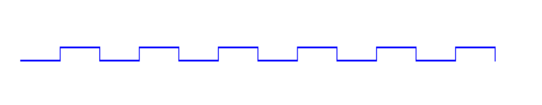 Frise bleue en créneaux : une ligne horizontale qui alterne segments bas et segments hauts, avec six créneaux hauts