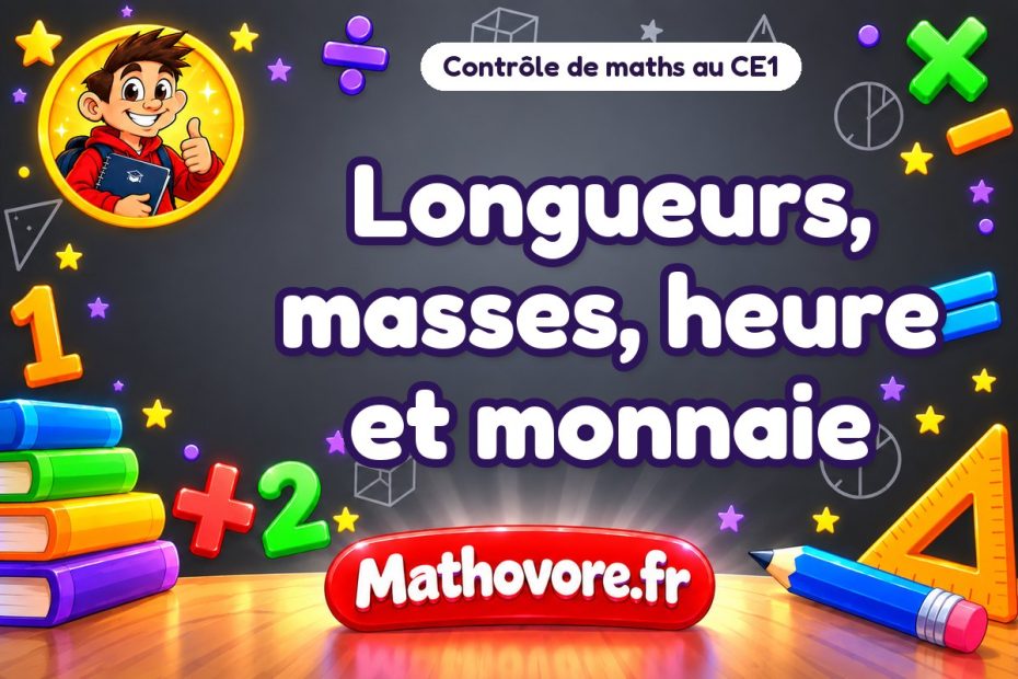 Contrôle de maths CE1 : longueurs, masses, heure et monnaie
