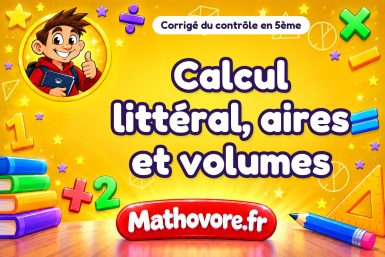 Corrigé du contrôle de maths 5ème : calcul littéral, aires et volumes