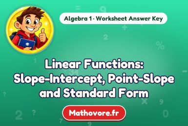 Linear Functions: Slope-Intercept, Point-Slope and Standard Form – Algebra 1 math worksheet answer key