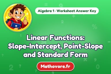 Linear Functions: Slope-Intercept, Point-Slope and Standard Form – Algebra 1 math worksheet answer key