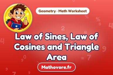 Law of Sines, Law of Cosines and Triangle Area – Geometry math worksheet