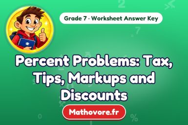 Percent Problems: Tax, Tips, Markups and Discounts – Grade 7 math worksheet answer key