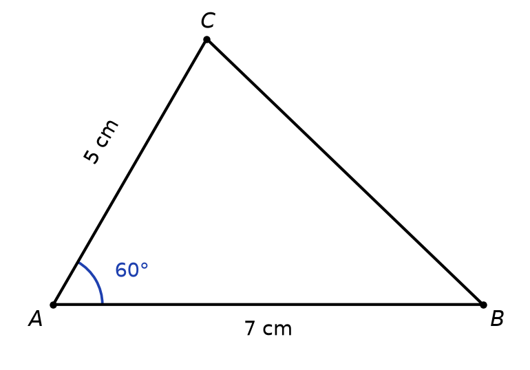 Triangle ABC avec AB égal à 7 cm, AC égal à 5 cm et un angle de 60 degrés codé en A