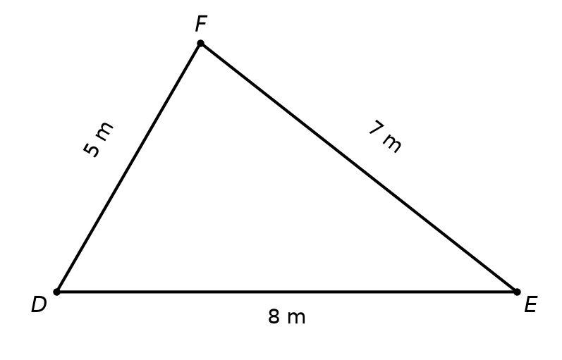 Triangle DEF avec DE égal à 8 m, DF égal à 5 m et EF égal à 7 m, aucun angle indiqué