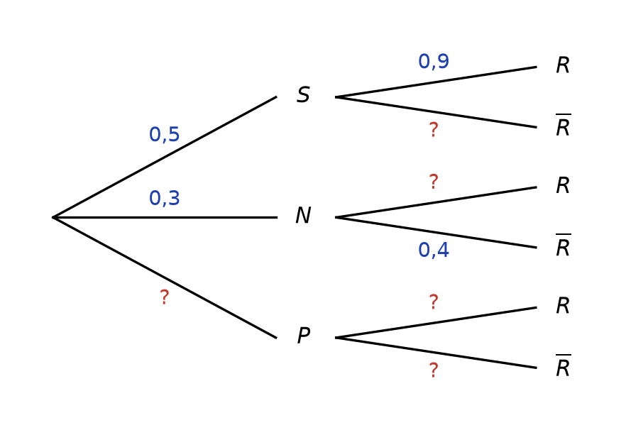 Arbre pondéré à trois branches S (0,5), N (0,3) et P, chacune suivie de R et R barre ; plusieurs pondérations sont remplacées par des points d'interrogation