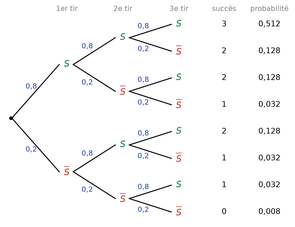 Arbre pondéré à trois niveaux, branches S à 0,8 et S barre à 0,2, avec nombre de succès et probabilité de chaque chemin