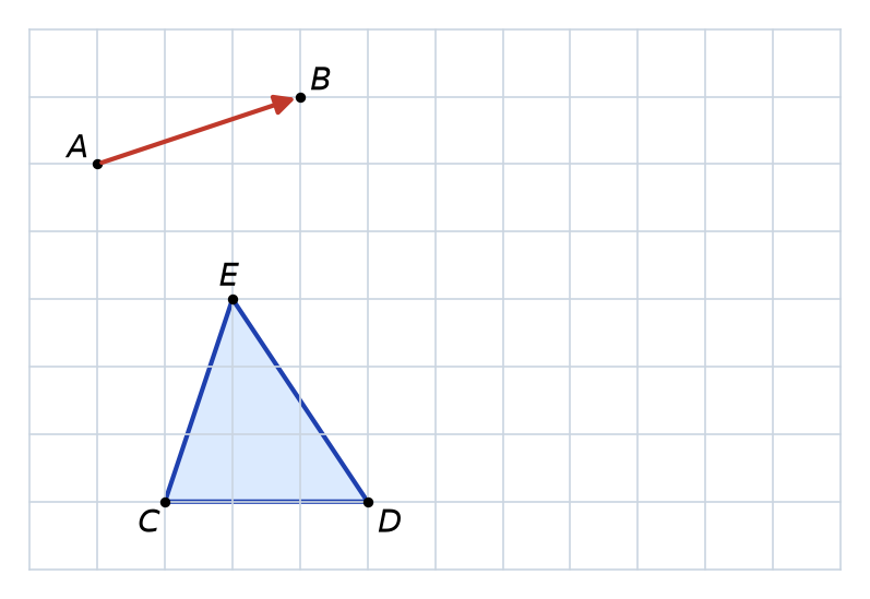 Quadrillage avec le vecteur AB (3 carreaux à droite, 1 vers le haut) et le triangle CDE