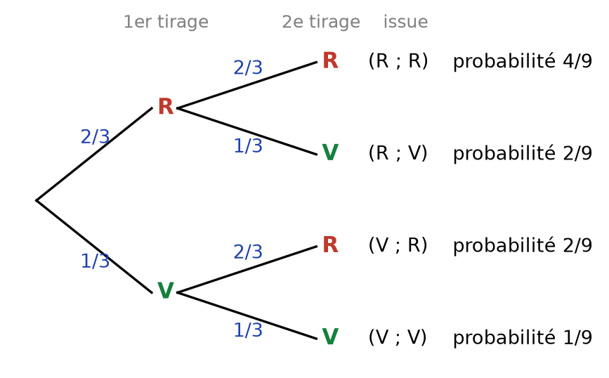 Arbre pondéré à deux niveaux : R avec 2/3 et V avec 1/3 à chaque tirage, quatre issues de probabilités 4/9, 2/9, 2/9 et 1/9