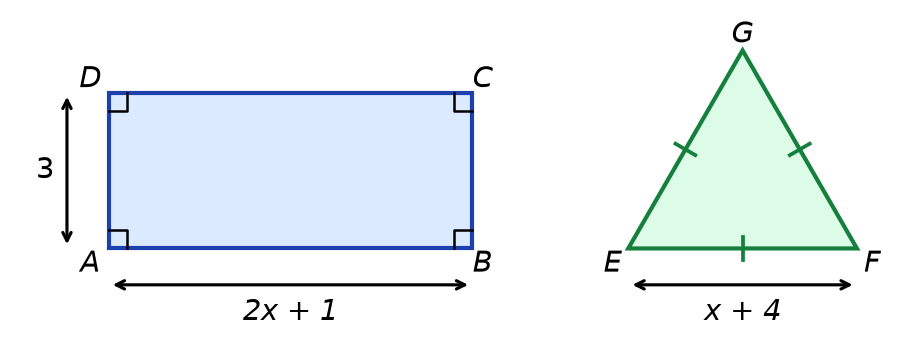 Rectangle ABCD de longueur 2x + 1 et de largeur 3, à côté d'un triangle équilatéral EFG de côté x + 4