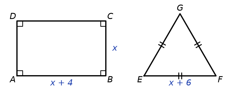 Rectangle ABCD de côtés x + 4 et x, à côté d'un triangle équilatéral EFG codé de côté x + 6