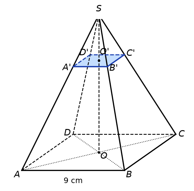 Pyramide SABCD à base carrée de 9 cm, hauteur SO, coupée par un plan parallèle à la base selon A'B'C'D' de centre O'