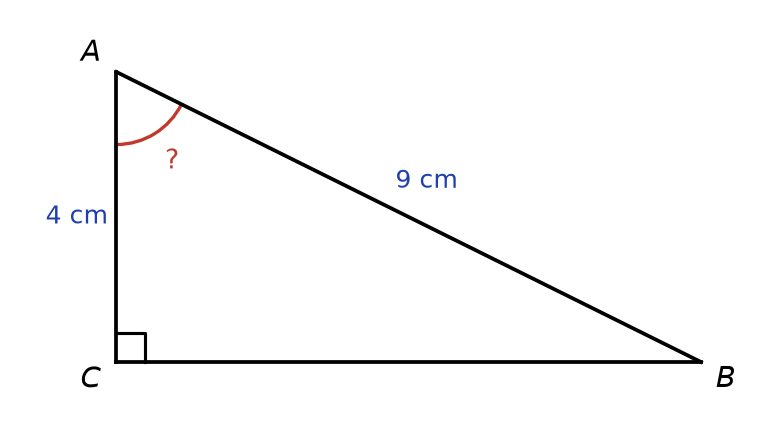 Triangle ABC rectangle en C, côté AC de 4 cm, hypoténuse AB de 9 cm, angle en A marqué d'un point d'interrogation