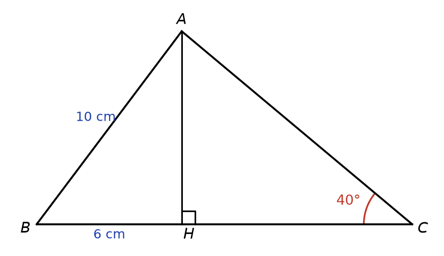 Triangle ABC avec la hauteur AH perpendiculaire à BC, AB = 10 cm, BH = 6 cm, angle de 40 degrés en C