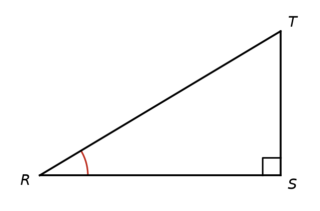 Triangle RST rectangle en S, avec le codage de l'angle droit en S et un arc rouge marquant l'angle en R