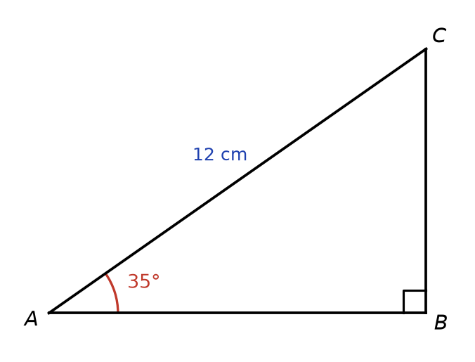 Triangle ABC rectangle en B, hypoténuse AC de 12 cm, angle de 35 degrés marqué au sommet A
