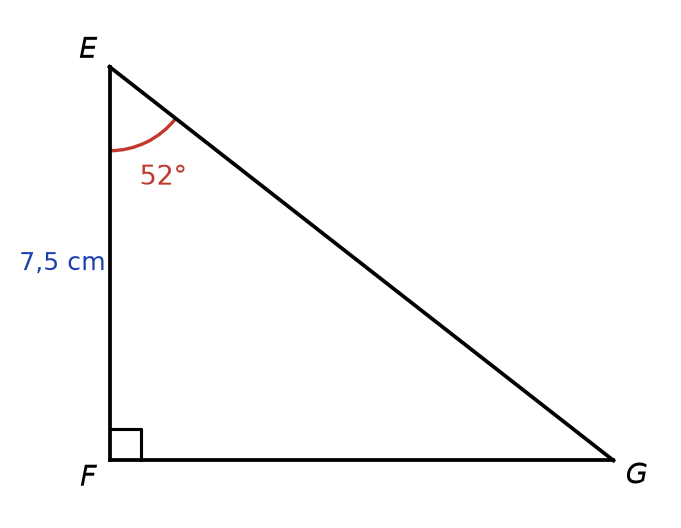 Triangle EFG rectangle en F, côté EF vertical de 7,5 cm, angle de 52 degrés marqué au sommet E