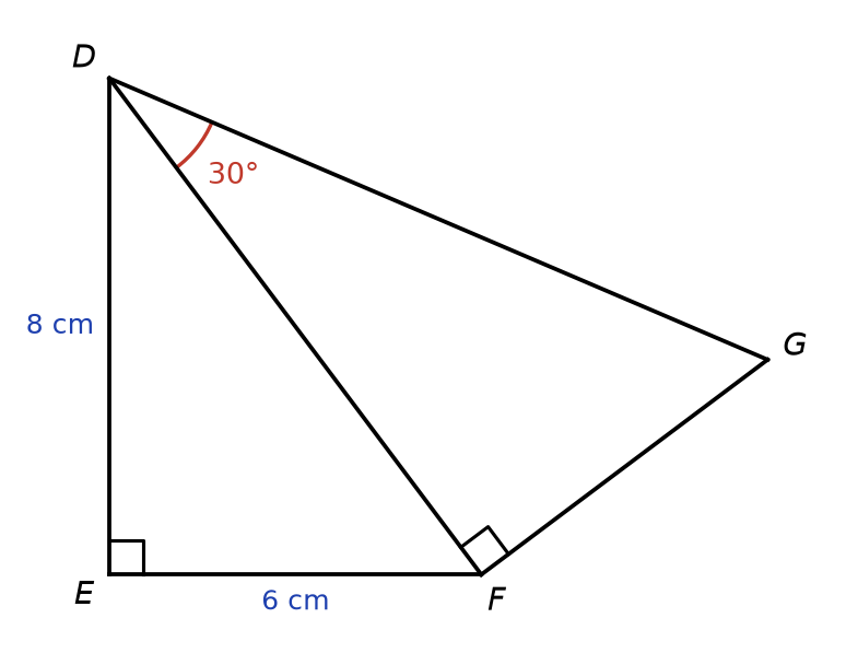 Triangle DEF rectangle en E avec DE = 8 cm et EF = 6 cm, accolé au triangle DFG rectangle en F avec un angle de 30 degrés en D