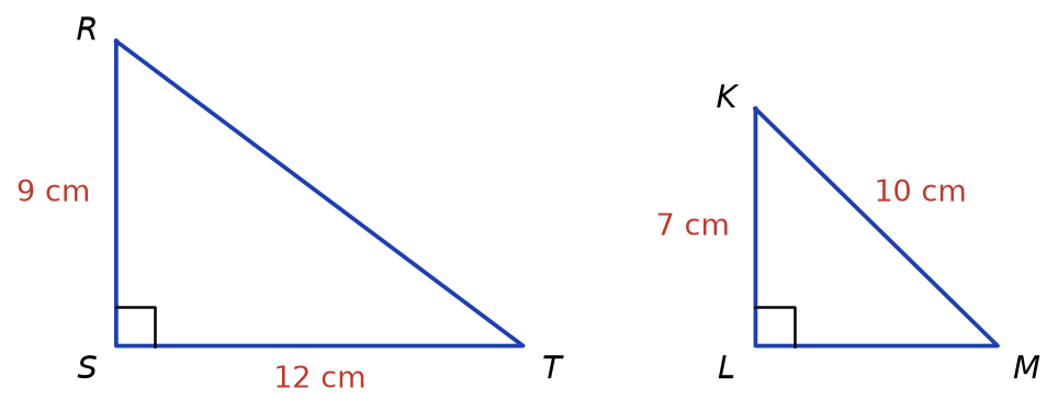 Triangle RST rectangle en S avec RS 9 cm et ST 12 cm, triangle KLM rectangle en L avec KL 7 cm et KM 10 cm