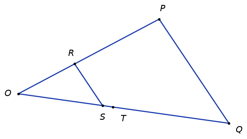 Triangle OPQ avec le point R sur le côté OP, les points S et T sur le côté OQ, et le segment RS