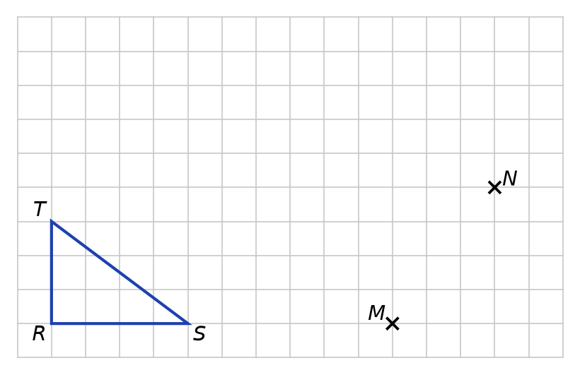 Quadrillage avec le triangle RST rectangle en R, de côtés 4 et 3 carreaux, et deux points M et N