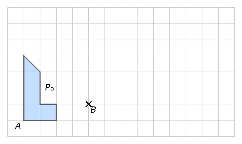 Quadrillage avec le motif P0, polygone en forme de L dont un sommet est A, et le point B marqué d'une croix