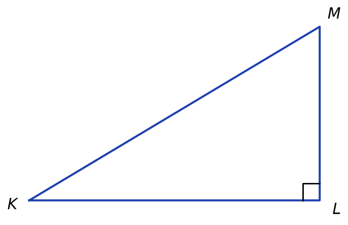 Triangle KLM rectangle en L, avec le codage de l'angle droit en L