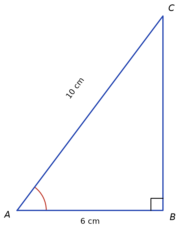 Triangle ABC rectangle en B avec AB = 6 cm, AC = 10 cm et l'angle en A marqué