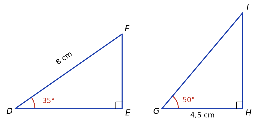 Triangle DEF rectangle en E avec DF = 8 cm et angle D de 35 degrés ; triangle GHI rectangle en H avec GH = 4,5 cm et angle G de 50 degrés