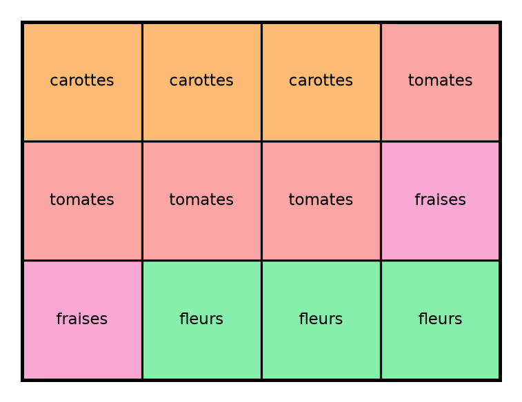Quadrillage de 12 carreaux : 3 carreaux de carottes, 4 de tomates, 2 de fraises et 3 de fleurs