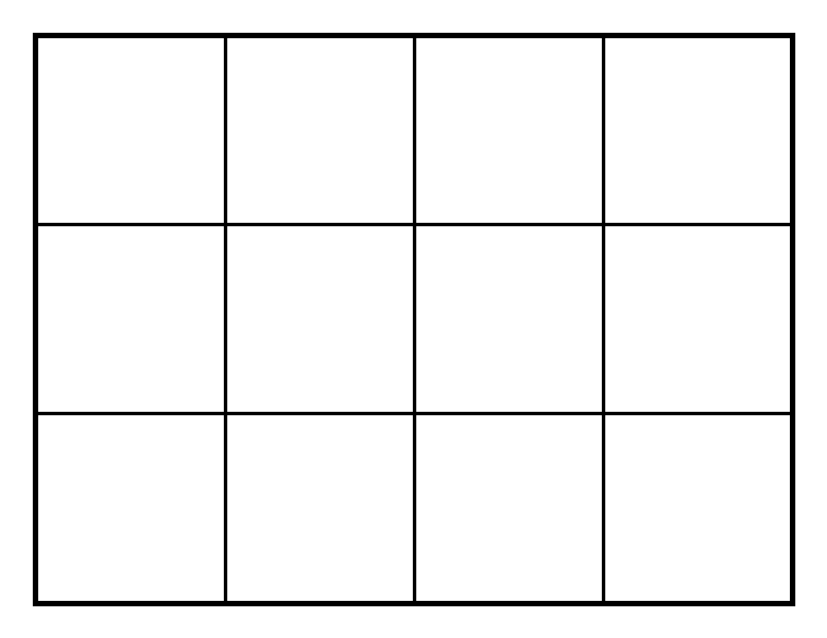 Rectangle quadrillé de 4 colonnes sur 3 lignes, soit 12 carreaux identiques et vides, représentant le jardin