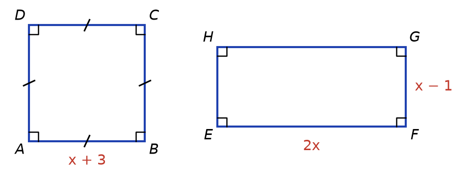 Carré ABCD de côté x + 3 et rectangle EFGH de longueur 2x et de largeur x − 1, avec leurs angles droits codés