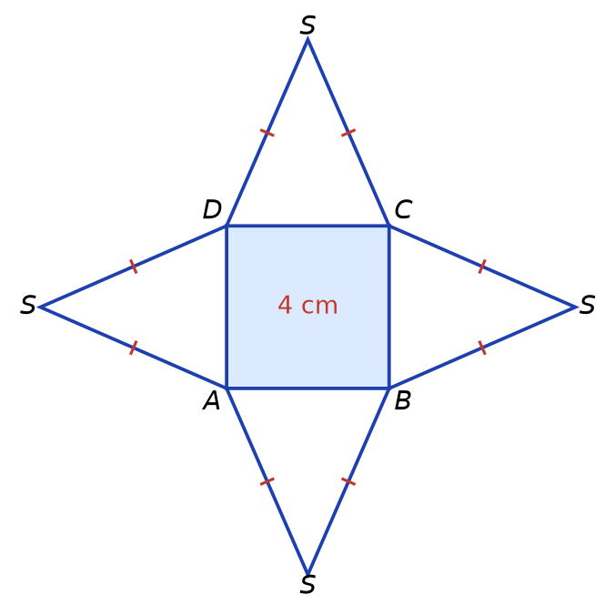 Patron de la pyramide : carré ABCD de 4 cm entouré de quatre triangles isocèles de côtés 5 cm, 5 cm et 4 cm