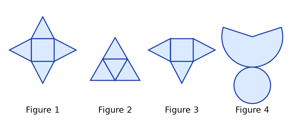 Quatre figures : un carré entouré de quatre triangles, un grand triangle partagé en quatre triangles, un carré avec trois triangles, un disque et un secteur de disque