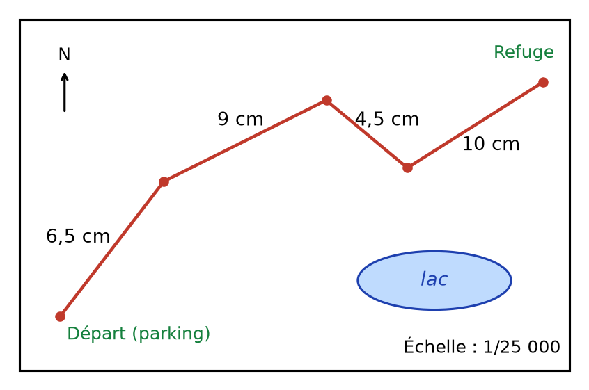 Carte schématique : sentier du parking au refuge en quatre portions de 6,5 cm, 9 cm, 4,5 cm et 10 cm, un lac, échelle 1/25 000