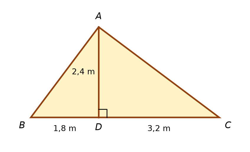 Triangle ABC avec le point D sur le segment BC, AD perpendiculaire à BC, AD = 2,4 m, BD = 1,8 m, DC = 3,2 m