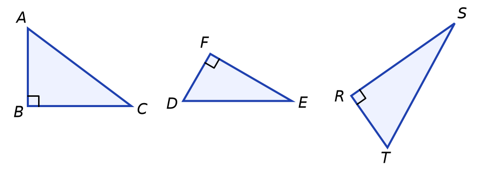 Trois triangles rectangles codés : ABC rectangle en B, DEF rectangle en F et RST rectangle en R