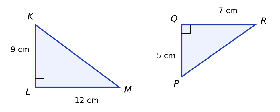 Triangle KLM rectangle en L avec KL = 9 cm et LM = 12 cm ; triangle PQR rectangle en Q avec PQ = 5 cm et QR = 7 cm
