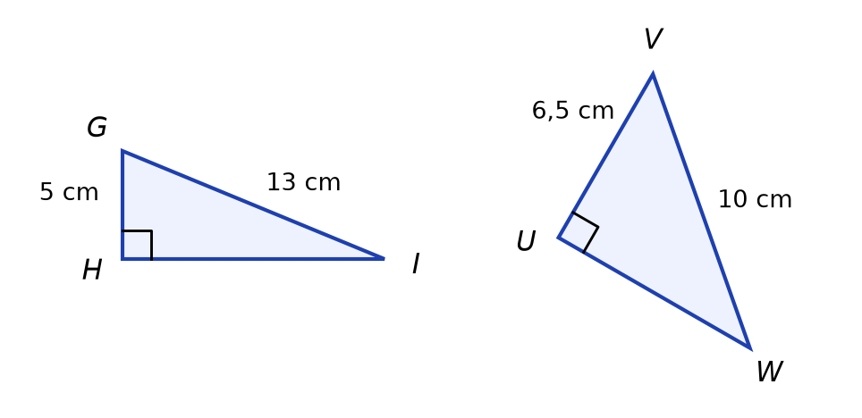 Triangle GHI rectangle en H avec GH = 5 cm et GI = 13 cm ; triangle UVW rectangle en U avec UV = 6,5 cm et VW = 10 cm