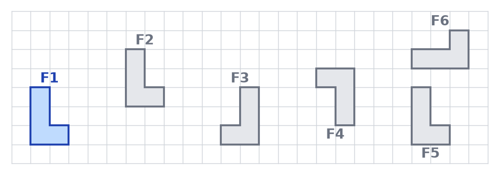 Quadrillage portant six figures en forme de L notées F1 à F6, placées dans des positions différentes