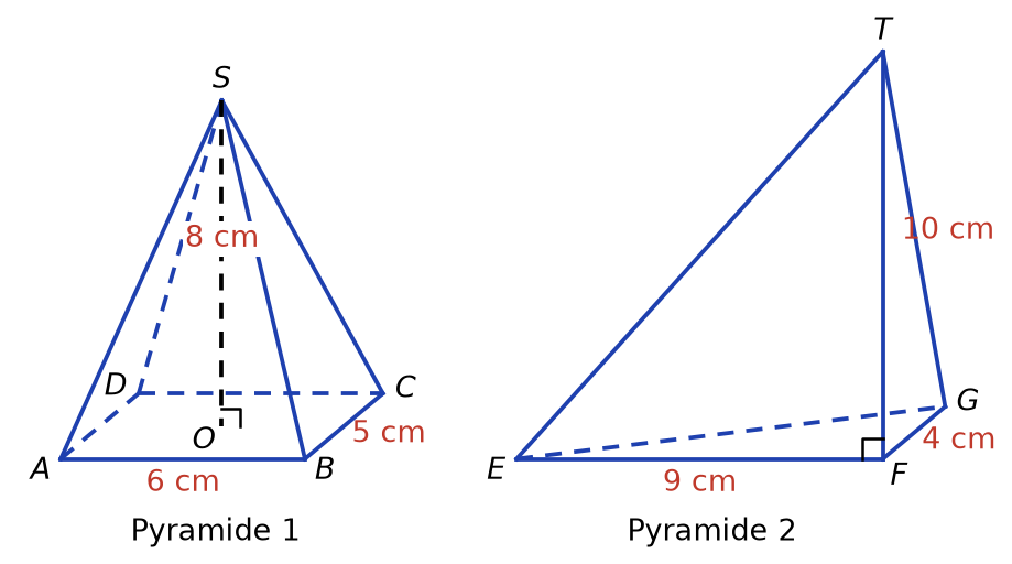 Pyramide SABCD à base rectangle 6 cm sur 5 cm, hauteur 8 cm, et pyramide TEFG à base triangle rectangle, hauteur TF 10 cm