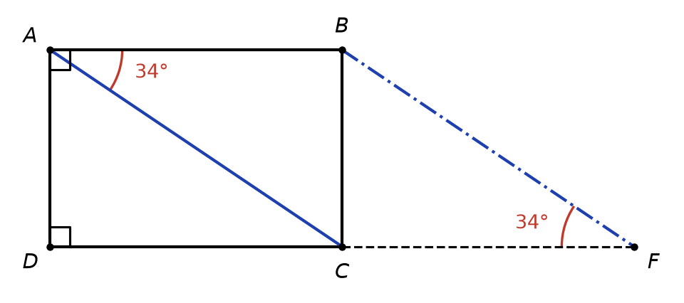 Portail ABCD : montant AD perpendiculaire aux barres AB et DC, renfort AC avec angle BAC de 34 degrés, renfort BF avec angle BFC de 34 degrés