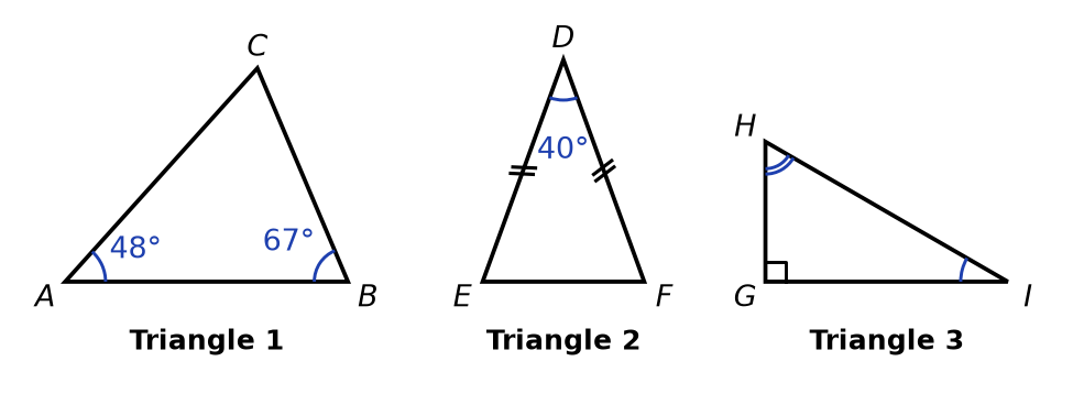 Triangle ABC avec angles de 48° en A et 67° en B, triangle DEF isocèle en D avec 40° en D, triangle GHI rectangle en G