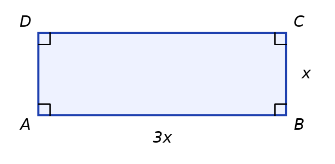 Rectangle ABCD de largeur x et de longueur 3x, avec quatre angles droits codés